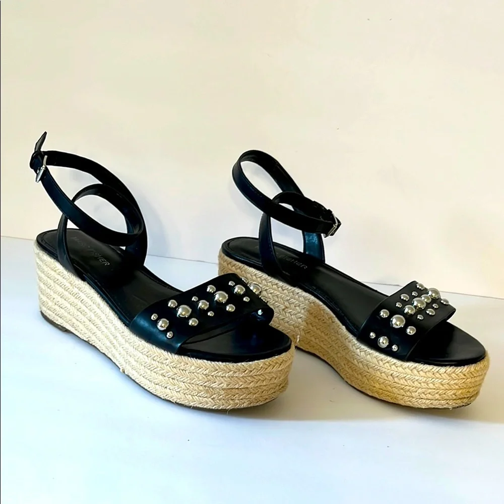 Marc Fisher Black Leather Ankle Strap Studded Wedge Sandals Sz 7
